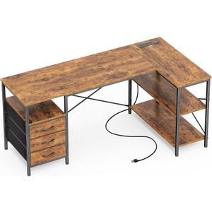 Huuger L-Shaped Office Desk with Power Outlets, 55 Inch Computer Desk with 3 Drawers, Shelves, Reversible for Gaming Corner Work Home Office Study, Rustic Brown