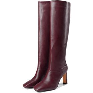 YIYA Cherry Red Boots for Fall Square Toe Chunky High Heels Dark Red Knee High Long Boots Pull On, 40