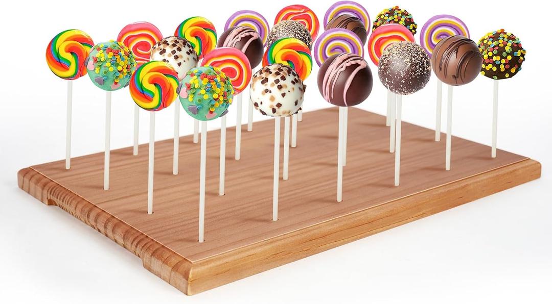 Wooden Cake Pop Stand for Drying, 24 Holes Cake Pop Display Stand with Sticks and Treat Bags, Wood Lollipop Holder for Party Anniversaries Holiday (Walnut, Only Stand)