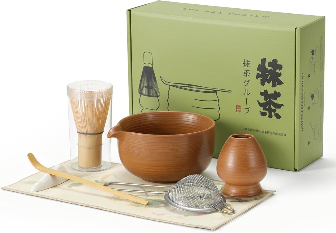 LAMU 7 Pcs Ceramic Matcha Set, Bamboo Matcha Kit for Tea Lovers with Bowl, Whisk, Holder, Scoop, Rest, Sifter, Tea Towel