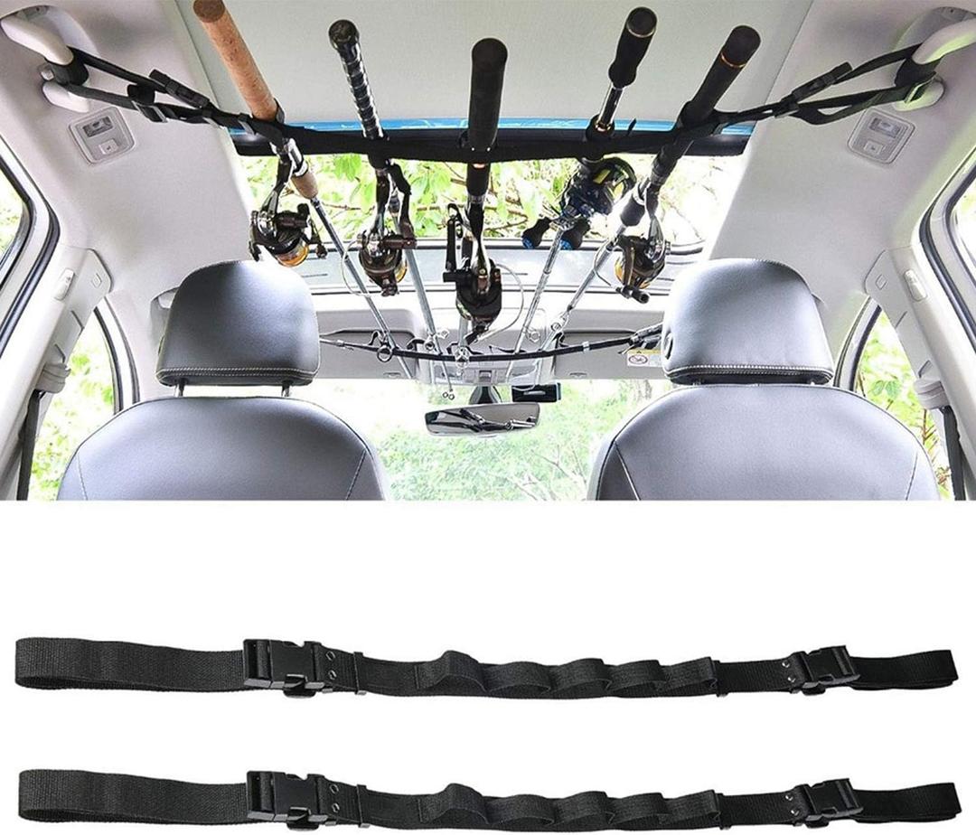 KUDES 2 Pack Vehicle Fishing Rod Holder for Car 5 Rod Capacity Adjustable 86.6 Inches Length Easy Install Fishing Car Rod Carrier Belt Strap for SUV Wagons Van (Black)