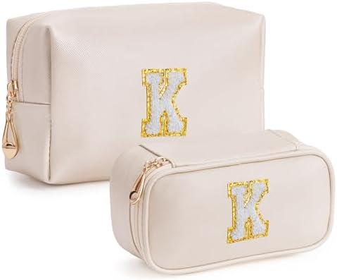 HBselect 2 Pack Cute Personalized Initial Preppy Makeup Bags for Teen Girls Friends, Monogrammed Cosmetic Bags Set for Women Bride, Pu Leather Waterproof Make Up Bag White K Letter