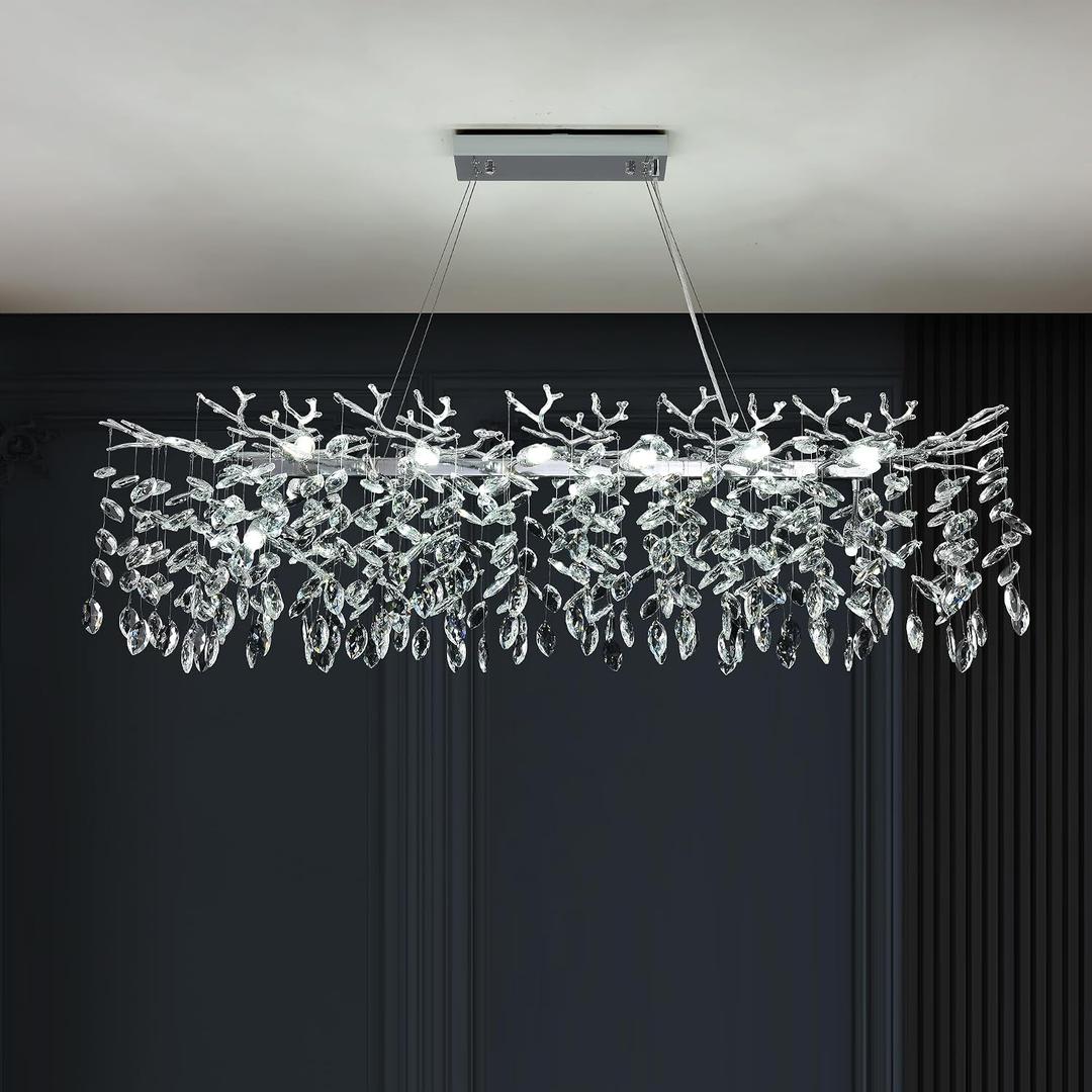 Tree Branch Chandelier Modern Crystal Pendant Light, Luxury Chrome Linear Rectangle Art Deco Raindrop Lighting Fixture for Dining Room Kitchen Island Living Room 10 Lights L40''