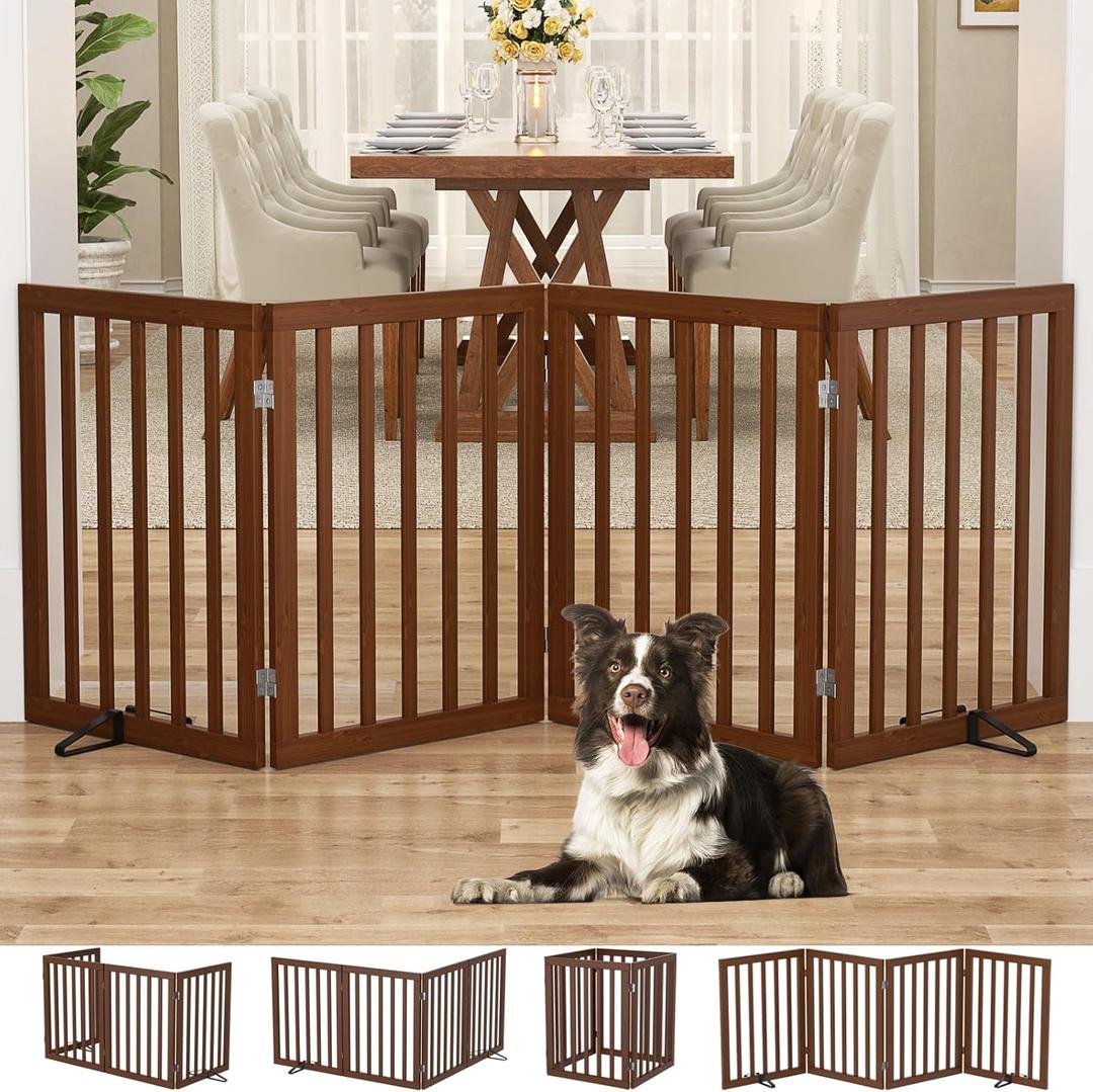Homykic Bamboo Freestanding Dog Gate, No Assembly Pet Gate Indoor, 24H x 75W Extra Wide Foldable Puppy Barrier Fence with Support Feet for the House, Doorways Stairs, 4 Panels, No Drillings, Walnut