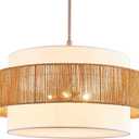 24'' Rattan Large Drum Chandeliers Light Fixtures,5 Light Boho Pendant Light Farmhouse Rustic Hand Woven Lighting for Dining Room Kitchen Island Living Room Bedroom,Brushed Nickel Finish Metal