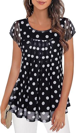 Furnex Women's Short Sleeve Tunic Shirt Pleated Mesh Blouses Summer Floral Tops Medium