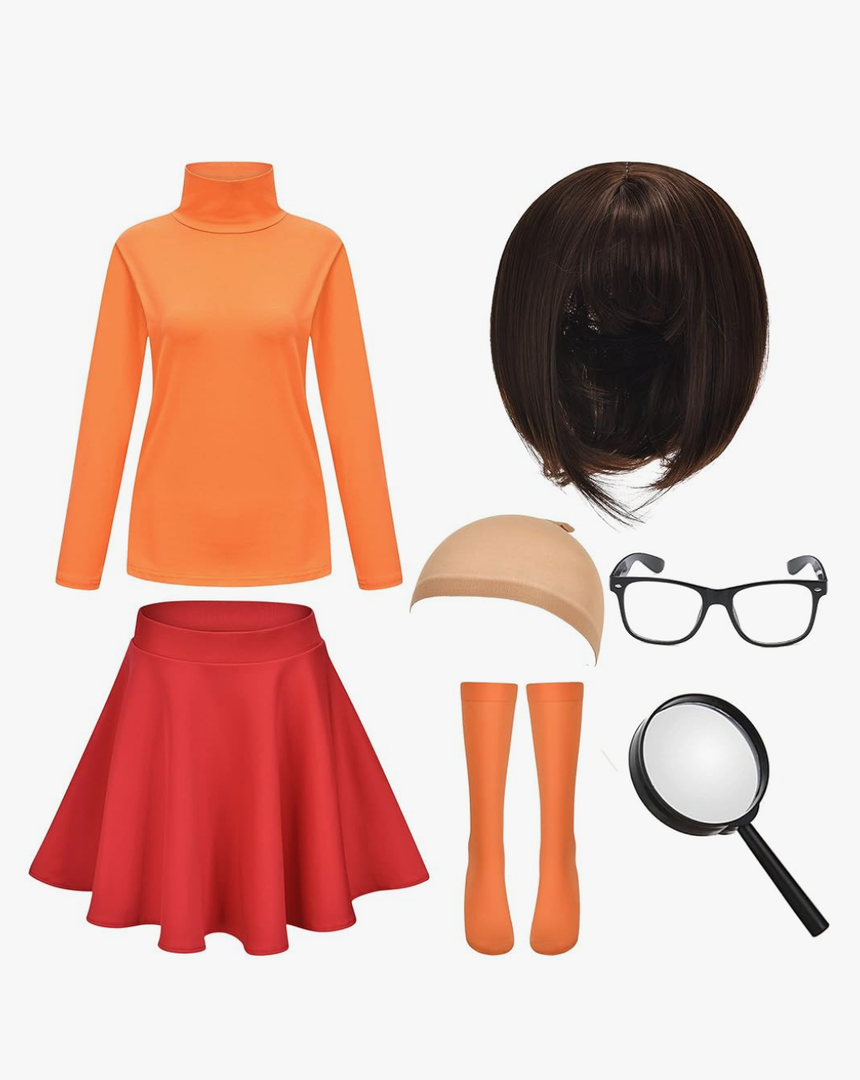 Halloween Deluxe Adult Costume for Women,Brown Bob Wig,Turtleneck Top,Skater Skirt,Magnifying Glass,Socks and Glasses,(Large)