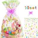 WeDoSoy 10 Pack Easter Basket Bags, Large Cellophane Bags - 22x32 Inches Cello Basket Bag Easter Eggs Bunny Wrap Bag with 10 Pieces Pull Bow, Cellophane Wrapping for Gift Packaging Party Decorations