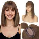 S-noilite Human Hair Toppers for Women with Bangs 100% Real Human Hairpiece 5"x3" Clip in Silk Base Topper Piece Cover Thinning Fine Hair 10 inch Chestnut Brown