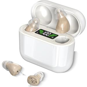 Hearing Aids with Long-Lasting Charging Case, Invisible Hearing Aids for Seniors with Smart Noise Cancellation, Completely-In-Canal Hearing Aid Devices, Easy Control (Beige)