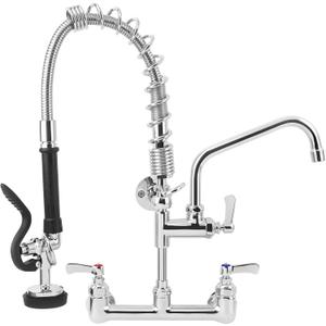 21" Height Commercial Faucet with Sprayer, 8" Adjustable Center & 8" Add-on Swing Spout, Wall Mount Pre Rinse Commercial Sink Faucet for Commercial Restaurant Industrial Kitchen