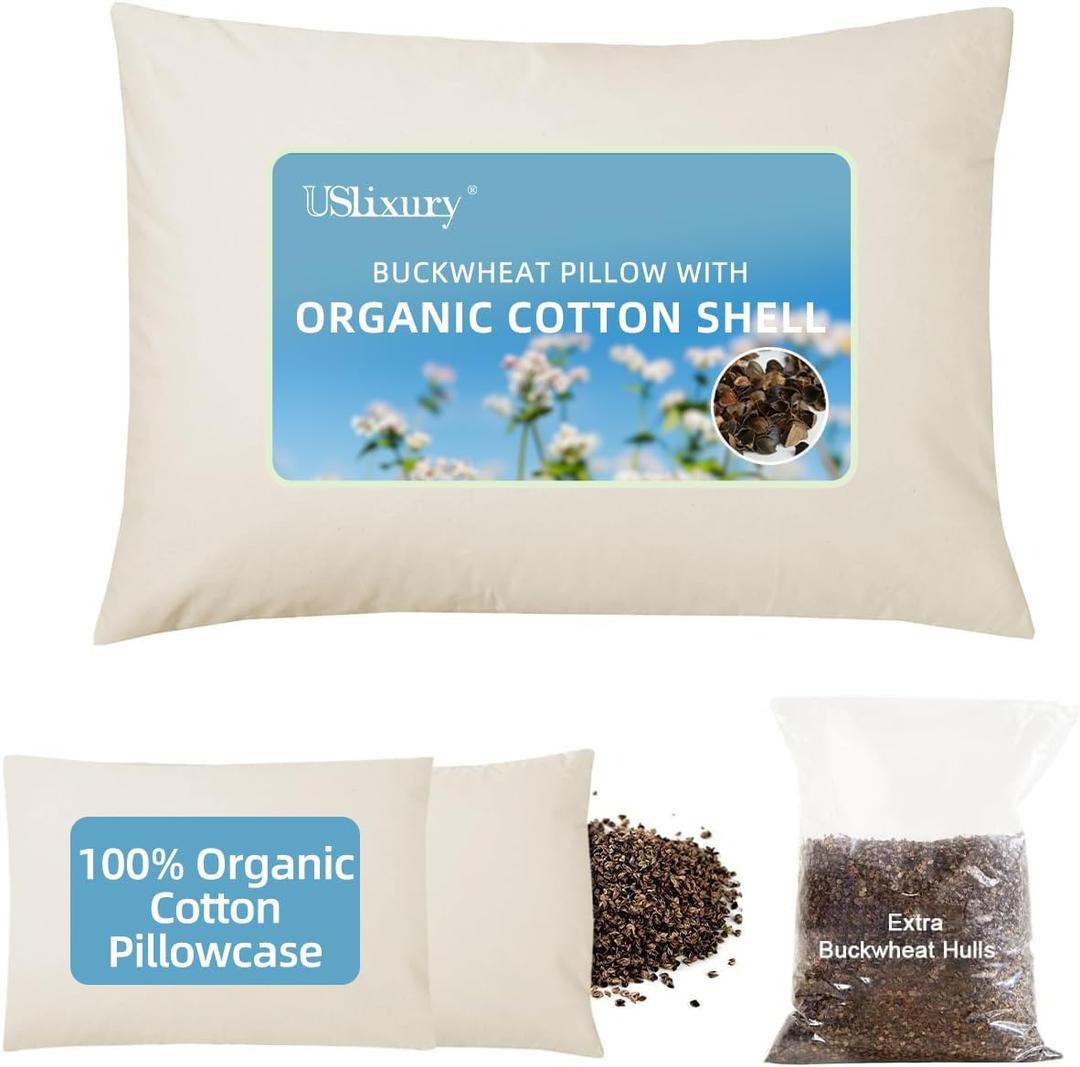 USlixury Organic Buckwheat Pillow for Sleeping with Extra Organic Pillowcase and Hulls, 16"X22" Buckwheat Hull Pillow, Adjustable Height and Firmness, Firm Neck Support for Side Sleepers, Cool, White
