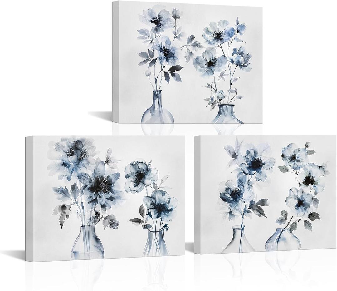 HOMEOART Floral Canvas Wall Art Watercolor Flower Prints for Living Room Bedroom Decor, Framed Artwork Ready to Hang Bathroom Wall Decor,12x16inchx3Pieces (Blue)