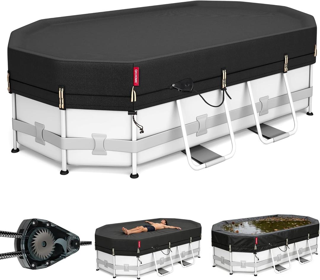 QH.HOME 10x16ft Oval Pool Cover,[Ultimate Windproof & Tear-Resistant Fabric],Snug Fit with Patented Ratchet & Weight Rings,Solar Pool Cover for Above Ground Pools, Blocks Leaves &Waterproof