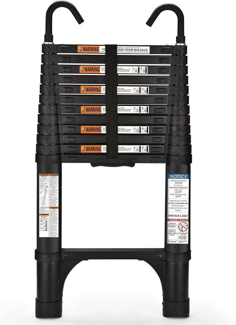 Telescoping Ladder, SocTone 12.5 FT Aluminum Lightweight Extension Ladder with 2 Triangle Stabilizers, Heavy Duty 330lbs Max Capacity, Collapsible Ladder with Hooks for RV or Outdoor Work