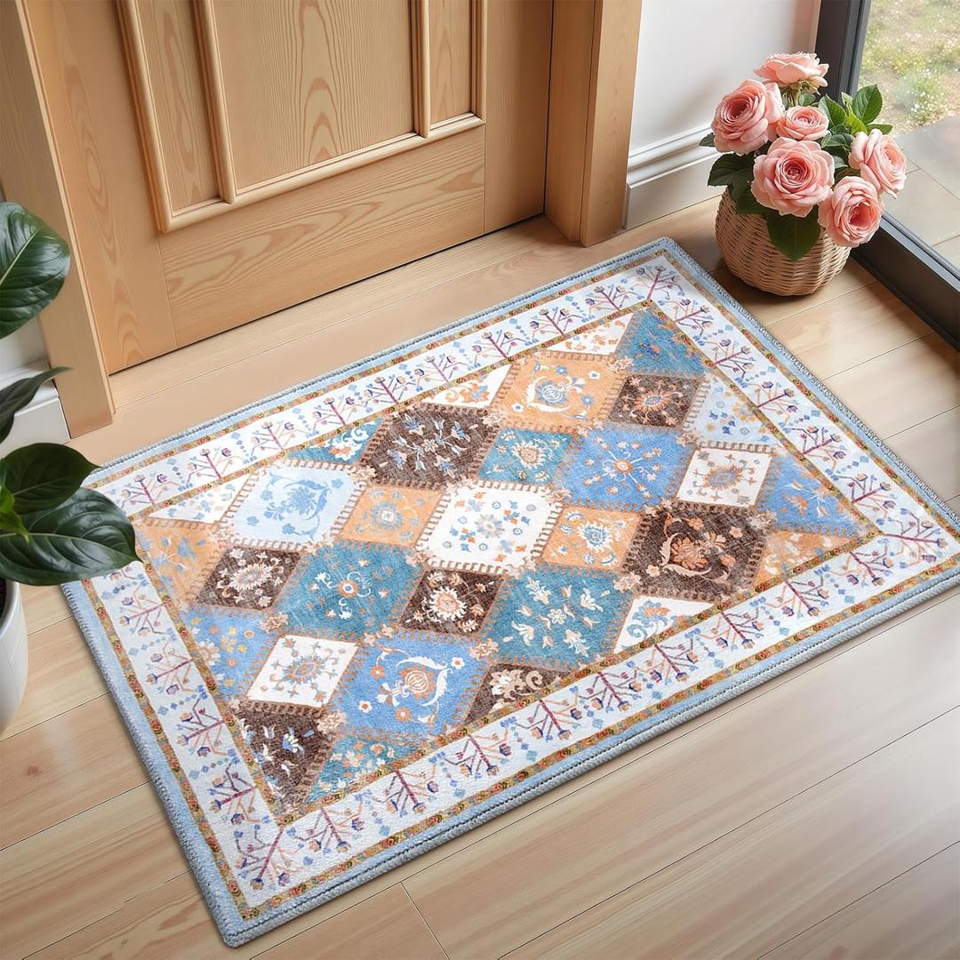 Blue Small Washable Area Rug for Entryway, 2x3 Boho Non-Slip Indoor Kitchen Rugs, Moroccan Floral Trellis Carpet Soft Low Pile Vintage Throw Mat for Bedroom Bathroom Front Door