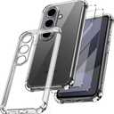 for Samsung Galaxy S24 FE Case, Shockproof TPU Clear Cover with 2 Pack Tempered Glass Screen Protectors & Leather Kickstand (3M Adhesive Mount) for Stand/Horizontal Viewing, Clear