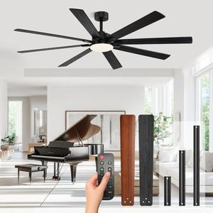 Modern 72 Inch Ceiling Fans with Lights and Remote, Living Room Office Library Cafe Outdoor Industrial, 3CCT Dual Color 8 Blades 6 Speed Reversible Quiet DC Motor, Black/Wood Grain