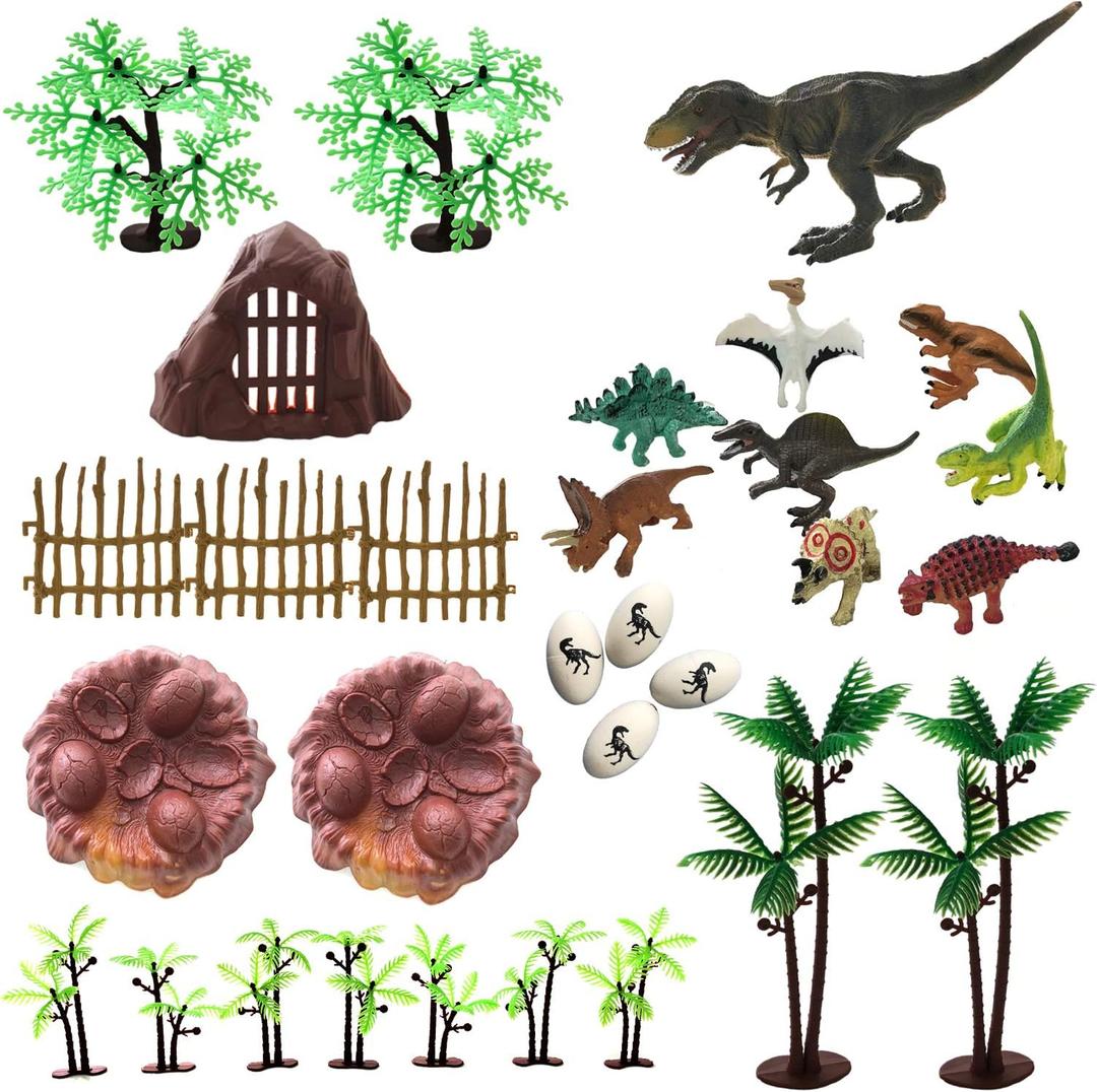 30 Piece Dinosaurs Toys Set - Plastic Dinosaurs Figures, Realistic Dinosaurs Trees & Rocks,Dinosaur Eggs and Nest,Kids Dinosaurs Toys Set for Boys and Girls