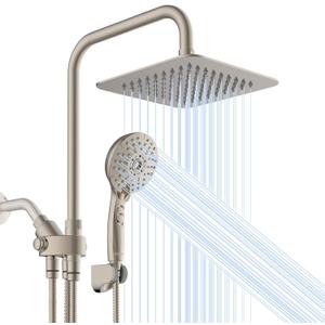 Ryamen Dual Shower Head Combo, Brushed Nickel 8'' High Pressure Rain/Rainfall Shower Head, 6 Settings Adjustable Handheld Showers, with 15" Height Adjustable Slide Bar, Holder/59 Hose