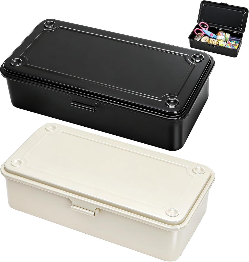 Coloch 2 Pack Steel Storage Box with Hinged Lid, Heavy Duty Metal Storage Case for Scrapbook Stamps Portable Rectangular Tool Box with Latch, for Pens, Pins, Stationery, Office Supplies