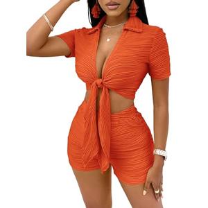 Floerns Women's 2 Piece Outfit Tie Front Short Sleeve Crop Top with Shorts Set Orange Medium