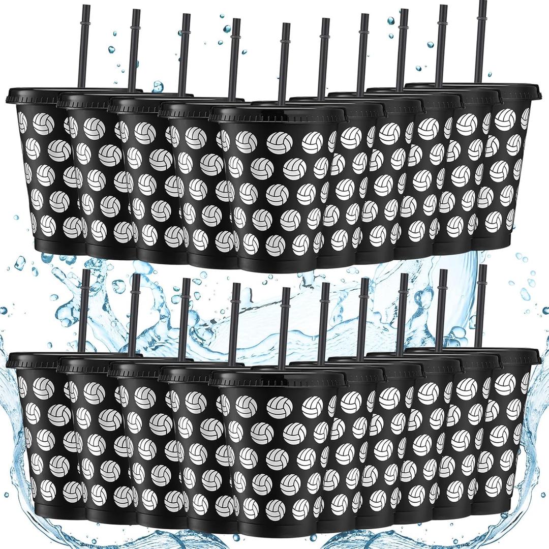 Domensi 20 Pcs Volleyball Party Favor Cups Bulk 16oz Volleyball Cups Reusable Volleyball Plastic Tumbler with Lid and Straw for Team Coach Friend Fan Men Women Gifts Party Favor Decoration Supplies (Black)