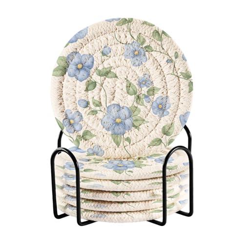 PaChyLuu Coasters Set of 6 with Holder, Small Blue Flowers Absorbent Woven Drink Cup Coasters Home Decor Tabletop Protection, 4 Inches