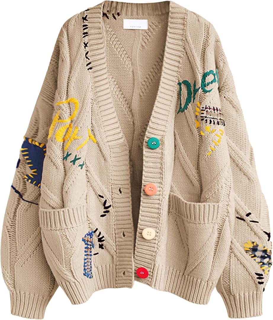 Women's Cable Knit Long Sleeve Open Front Cardigan Sheep V-Neck Button Down Embroidery Wool Blend Sweater Coat Outwear (Medium, Khaki)