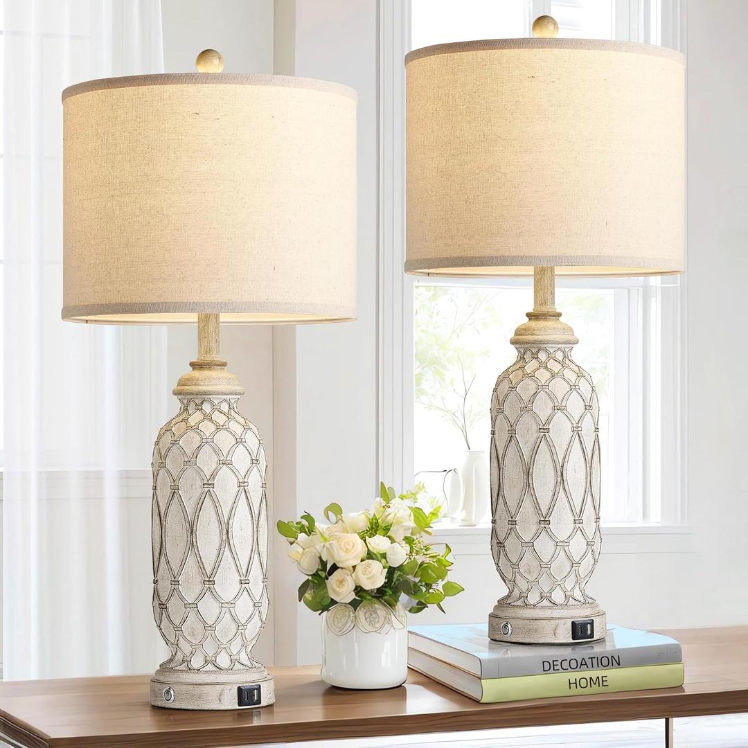 SRJJRS Farmhouse Table Lamps for Bedroom Set of 2, 28" Rustic Bedside Lamp with USB Ports, 3Way Dimmable Nightstand Table Lamp for Living