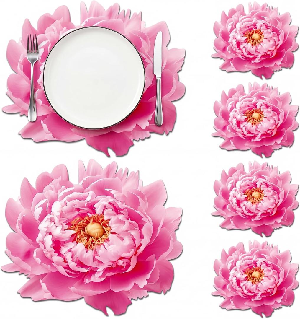 Remerry Leather Pink Peony Flower Placemat Set of 6 Green Palm Leaf Place Mats Lily Flower Table Place Heat Resistant Washable Non-Slip Dinner Mats for Spring Summer Party Kitchen Home Decors(Peony)