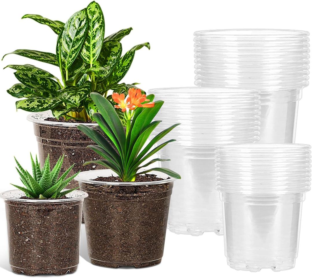 JERIA 30 Pack 5/ 6/ 7 Inch Clear Nursery Pots with Drainage Holes, Clear Plant Pot for Planting, Transparent Plastic Plant Pots, Durable Seed Starting Pot for Succulents