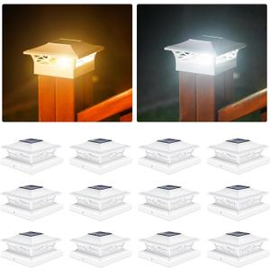 VOLISUN Solar Post Cap Lights: 12 - Pack Outdoor Deck Post Cap Lights White for Dock Fence Waterproof 2 Color Modes,4x4/6x6 Wooden/Vinyl Posts