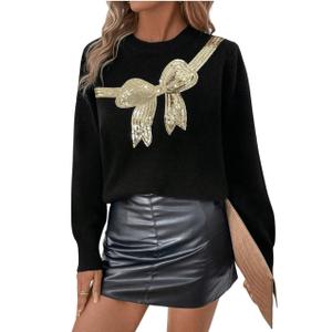 MakeMeChic Women's Bow Sweater Sequin Long Sleeve Crew Neck Knitted Fall Sweaters, XL