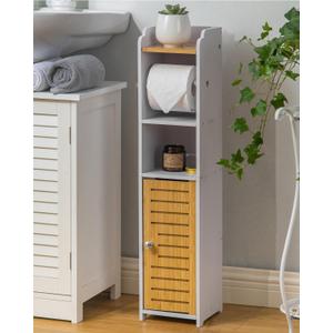 AOJEZOR Toilet Paper Holder Stand: Small Bathroom Storage Cabinet - Pure White/Bamboo (30''H inch)