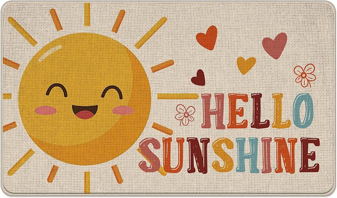 Hello Sunshine Welcome Front Door Mat, Cute Sun Love Heart Decorative Doormat Non-Slip Floor Entryway Rug, Spring Summer Low Profile Indoor Outdoor Home Kitchen Decoration 17x29 Inches