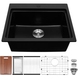 Davivy 22 X 19 Matte Black Granite Composite Dual Mount Kitchen Sink, 22 Inch Black Quartz Kitchen Sink,Undermount & Drop in Installation, Single Bowl Design with Accessories