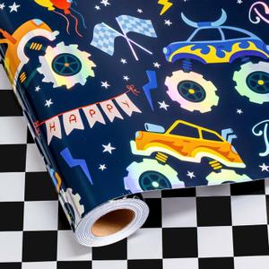 MAYPLUSS Monster Truck Wrapping Paper Roll, Reversible Checkered Flag Birthday Gift Wrap, Perfect for Kids and Boys Birthdays, 17 Inch x 33 Feet (Laser Rally Car 33FT)