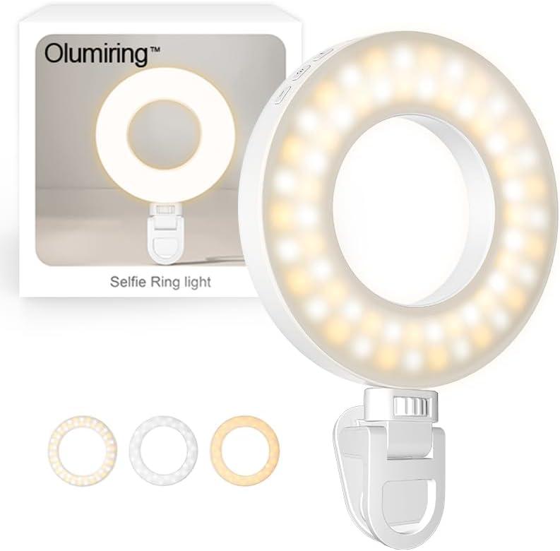 Olumiring Selfie Ring Light 3500K-8500K, Adjustable LED Ring Light with Clamp for Phone, Rechargeable Selfie Fill Light for Video Recording, Perfect for Phone Calls, Video Conferences and Makeup