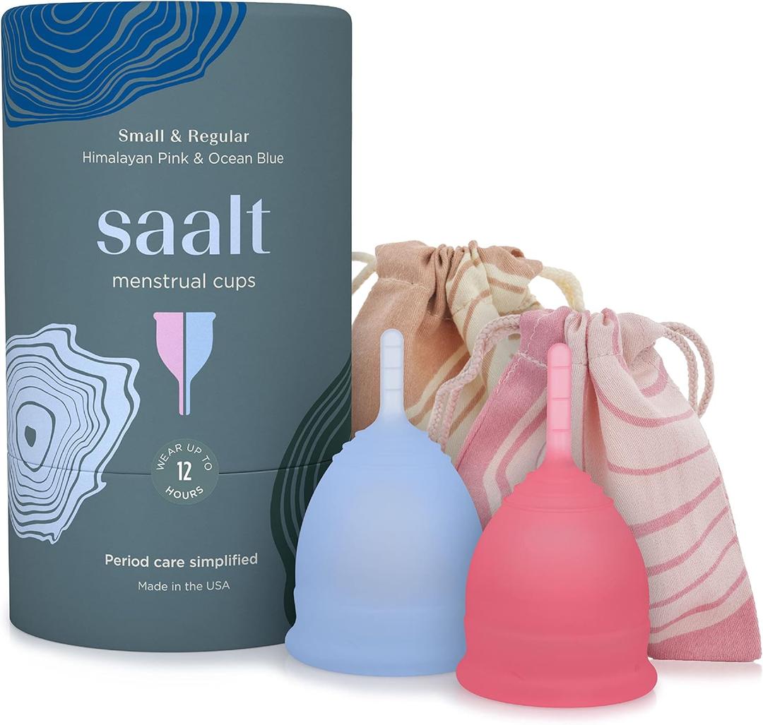 Saalt Menstrual Cup - Premium Design - Most Comfortable Period Cup - #1 Active Cup - Wear for 12 Hours - Soft, Flexible, Reusable Medical-Grade Silicone - Made in USA (Regular Blue/Small Pink)