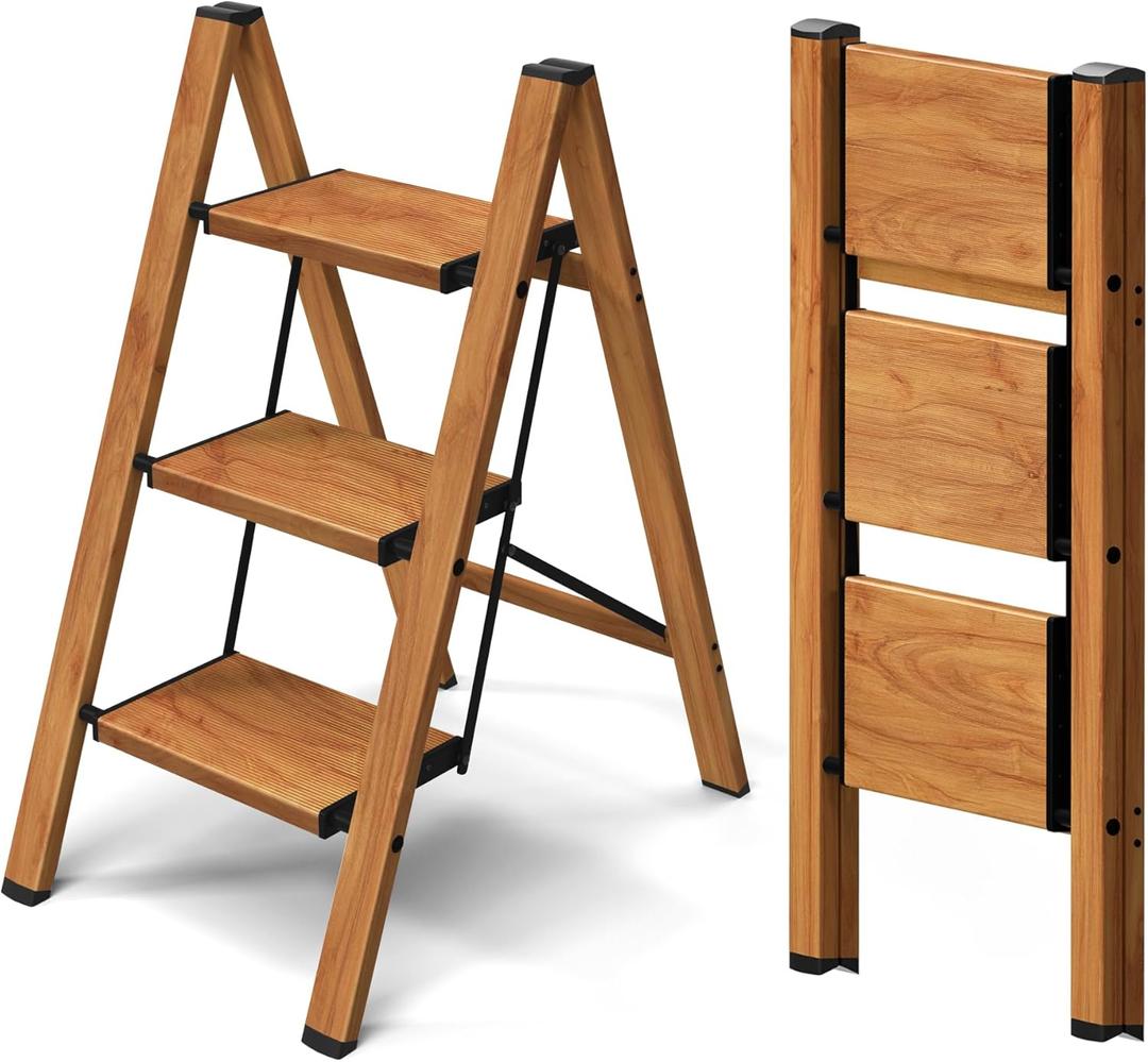 Taranta 3 Step Ladder,Aluminum Lightweight Folding 3 Step Stool with Anti-Slip Wide Pedal, 330lbs Capacity Step Ladder for Household,Kitchen,Office - Woodgrain