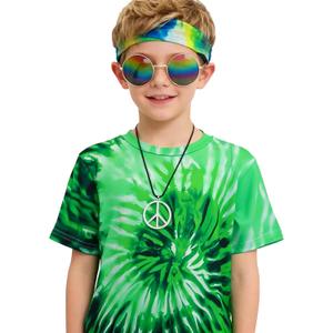 Retro 60s 70s Hippie Boys Costume Set 4Pcs Disco Party Outfit with Tie-Dye Shirt, Peace Necklace for Kids Ages 4-12 Years (Medium, Green)