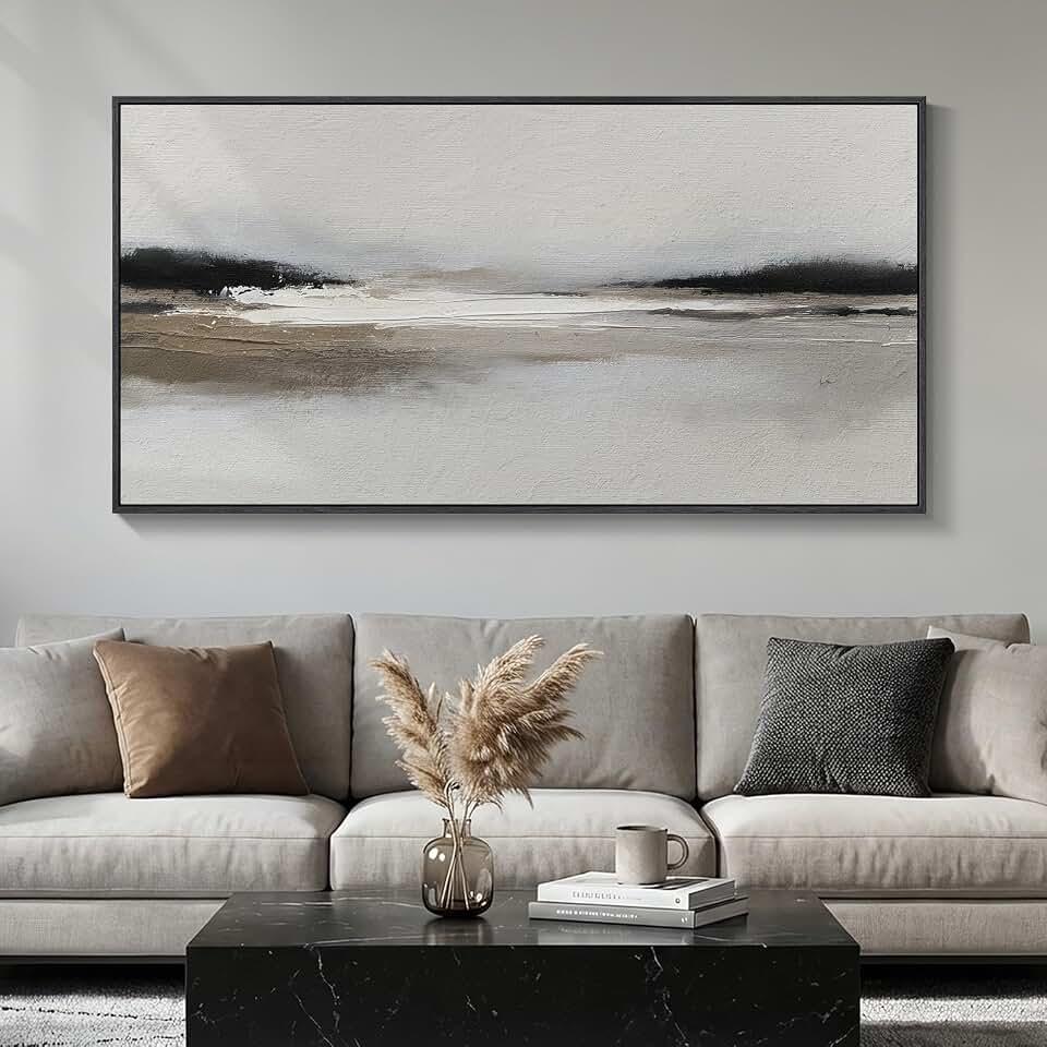 Large Framed Black and White Abstract Wall Art for Living Room, 30x60 In | Horizontal landscape pictures, Oversized canvas prints, Modern neutral artwork for walls, Wall decor for bedroom dining room