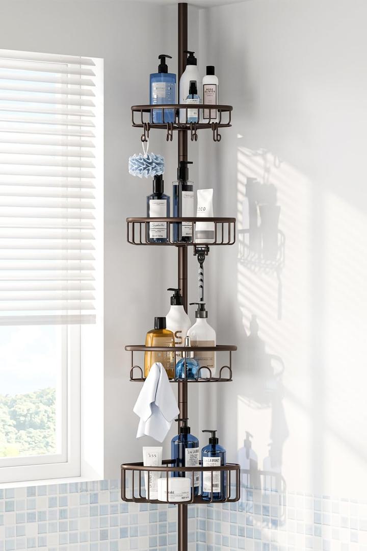 Corner Shower Caddy Tension Pole: Stainless Steel Rustproof 4-Tier Shower Organizer - 47-121 inch Adjustable Bathroom Shelves for Bathtub Shampoo Storage - Tension Rod Floor Standing Bath Rack, Bronze