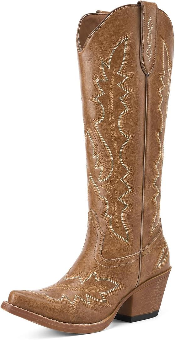 Cowboy Boots for Women, Knee High Cowgirl Boots | Classic Western, Snip Toe, Chunky Heel, Pull On, for Country Concert Party, Size 11