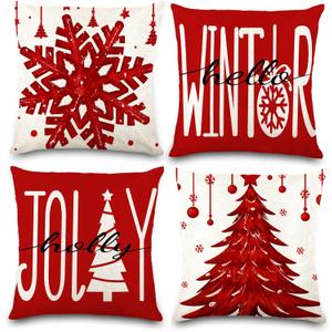 DIYDEC 4PCS Christmas Pillow Covers 18x18 inch Winter Throw Pillow Covers Red Christmas Tree Snowflake Pillow Covers Hello Winter Holly Jolly Decor Cushion Case for Holiday Home Sofa Couch