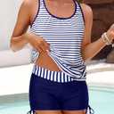Yonique 3 Piece Tankini Swimsuits for Women Swim Tank Top Bathing Suits with Boy Shorts and Bra Athletic Swimwear Blue White Stripe S