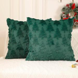 All Smiles Christmas Decorative Pillow Covers 18x18 Set of 2, Xmas Navidad Ornaments Soft Plush Faux Fur,Decorations Winter Holiday Couch Cases Home Decor for Sofa Livingroom Bed,Dark Green