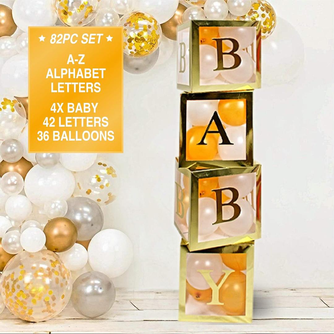 82 PCS Gold Neutral Baby Shower Decorations for Boy or Girl - Jumbo Transparent Baby Block Balloon Boxes, BABY, A - Z Letters DYI Gold White Pink Blue Balloons | Gender Reveal Party Supplies Birthday