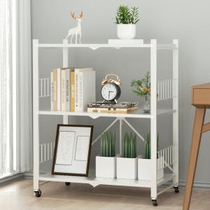 Folding Storage Shelves, 5-Tier/4-Tier/3-Tier Metal Collapsible Shelves with Wheels, Shelving Units and Storage Rack, Rolling Shelf No Assemble. (White)